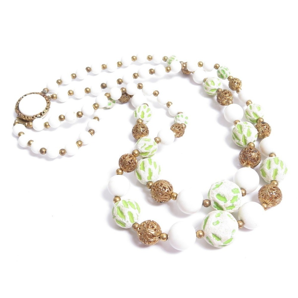 LOVELY VINTAGE WHITE, LIME GREEN & BRASS FILIGREE DOUBLE STRANDED NECKLACE*A833